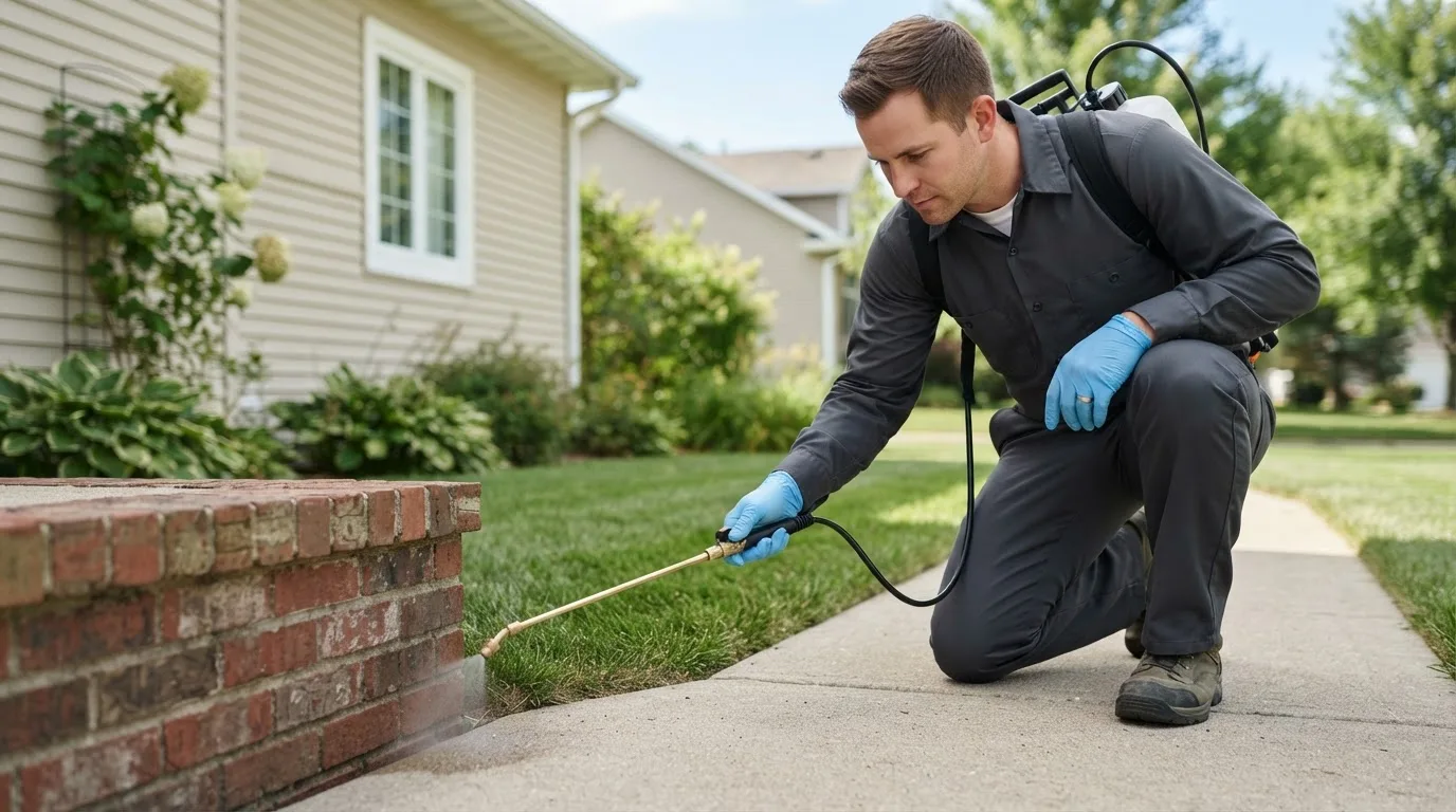 Pest control technician treating a home near De Land, IL